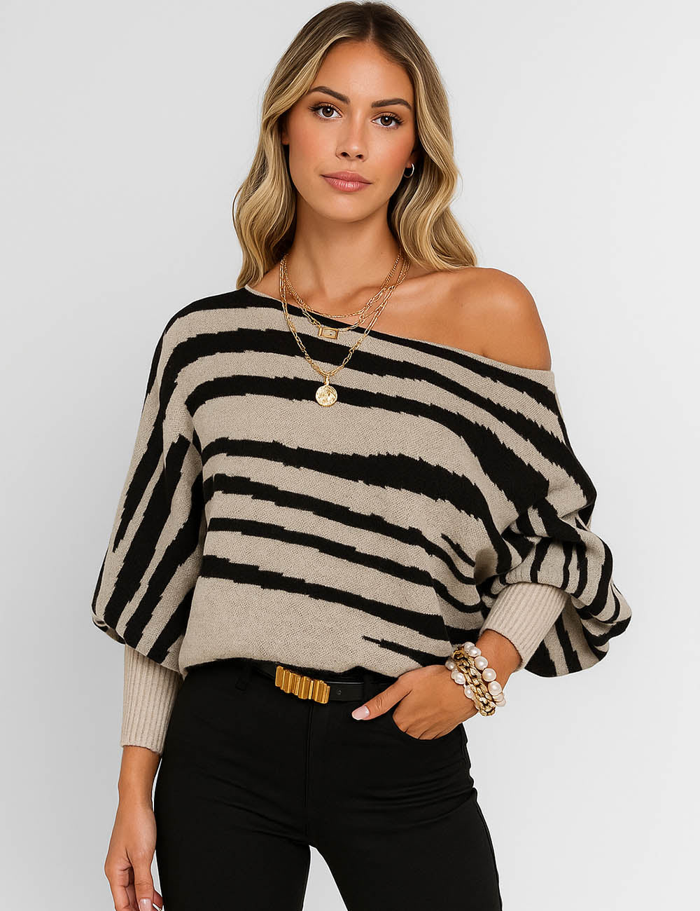 Ladies Striped Knit Round Neck One Shoulder Sweater Top