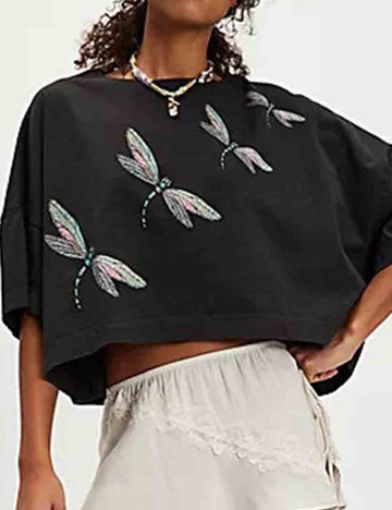 Ladies Round Neck Dragonfly Print Short Sleeves Tee -20250710