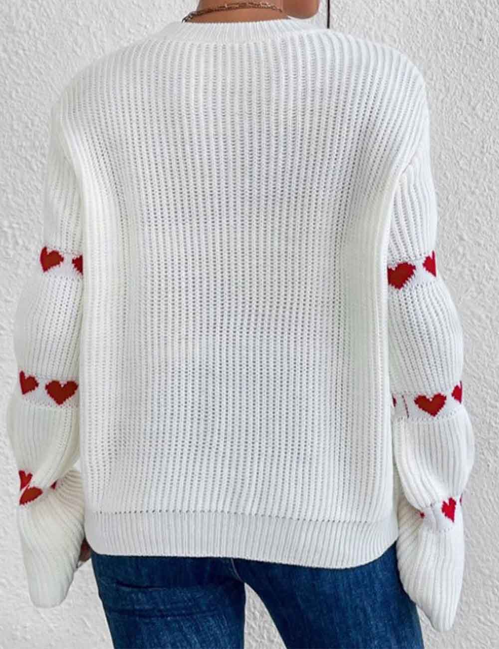 Ladies Pullover Heart Embroidery Flared Sleeves Ribbed Knit Sweater