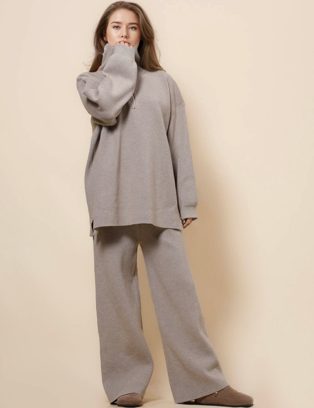 Ladies Zipper Neck Pullover Sweater Pants Set SKST4838