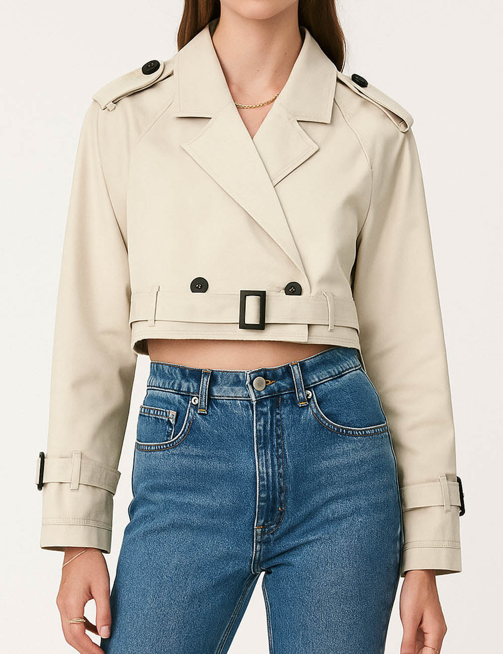Ladies Notched Lapel Belted Long Sleeves Cropped Trench Jacket