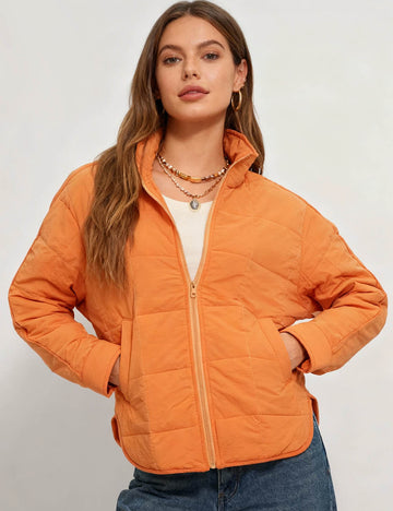 Ladies Stand Collar Zipper Front Quilted Cotton Padded Jacket