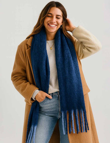 Ladies Color Block Boucle yarn thick Fringe Knit Scarf