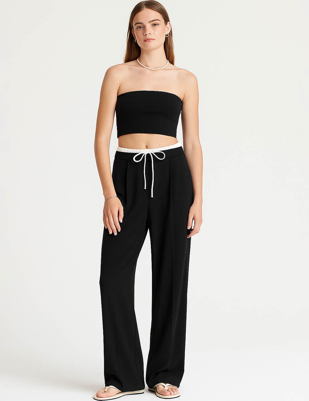 Ladies Color Block Elastic Waist Drawstring Wide Leg Pants