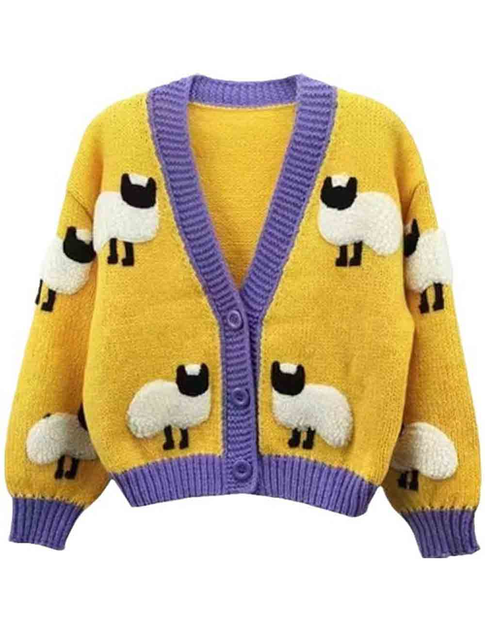 Ladies V-Neck Sheep Pattern Crochet Knit Cardigan