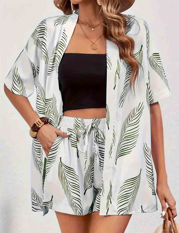 Ladies Boho 2PCS Short Sleeves Kimono Top & Shorts Set