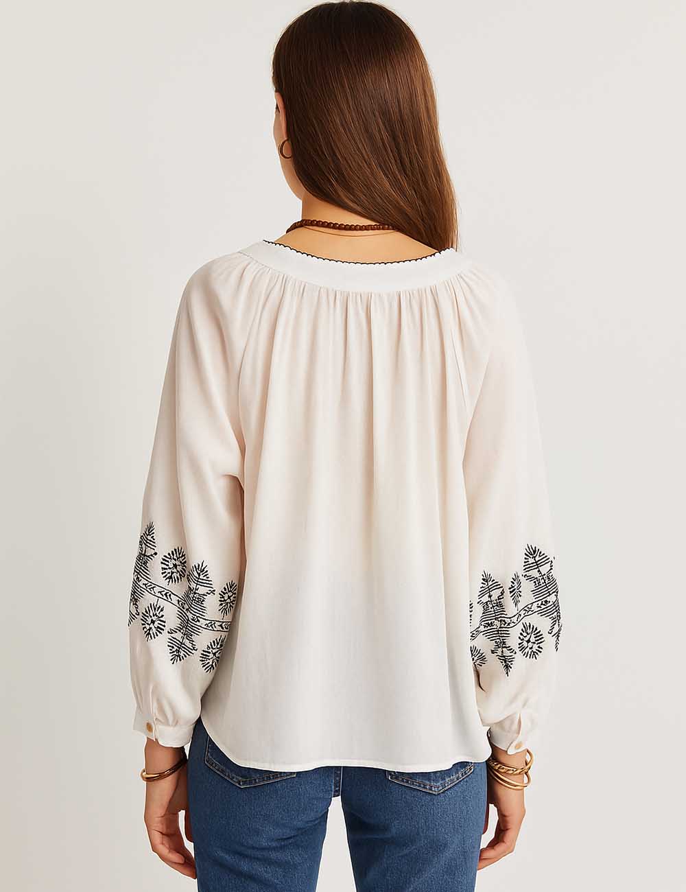 Ladies V-Neck Embroidery String Tie See Through Blouse