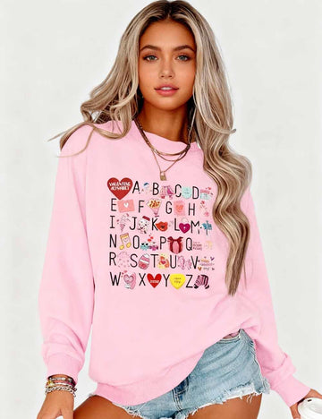 Ladies Valentine Alphabet Print Pullover Sweatshirt