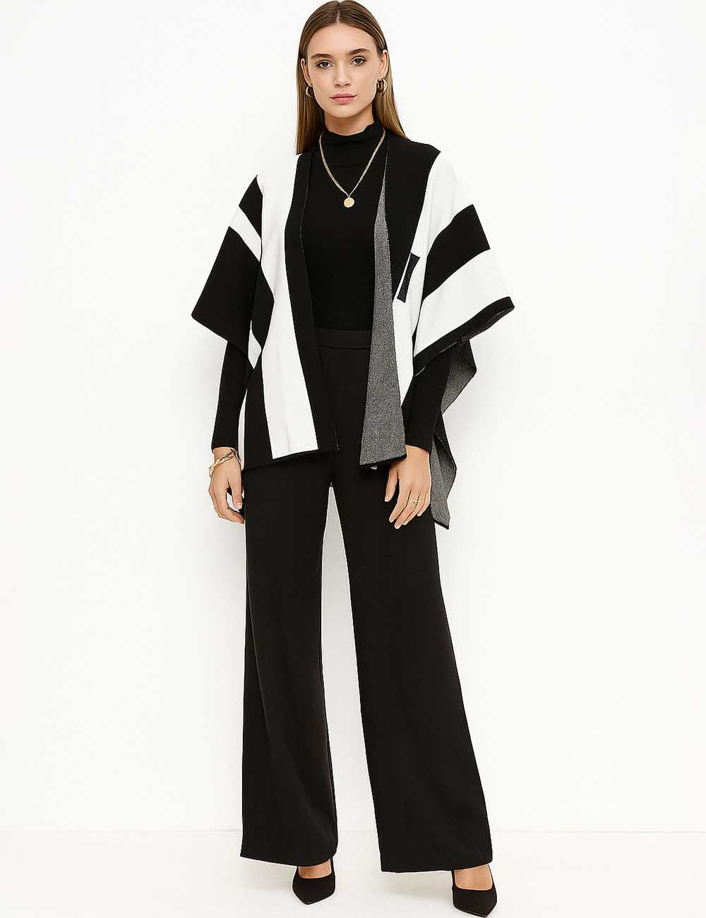 Ladies Color Block Knit Sweater & Shawl Cape & Pants 3PCS Set