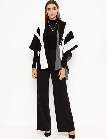 Ladies Color Block Knit Sweater & Shawl Cape & Pants 3PCS Set