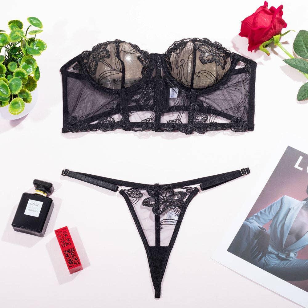 2PCS Embroider Lingerie Set Crop Top and Thong LS1073 - SWEETKAMA