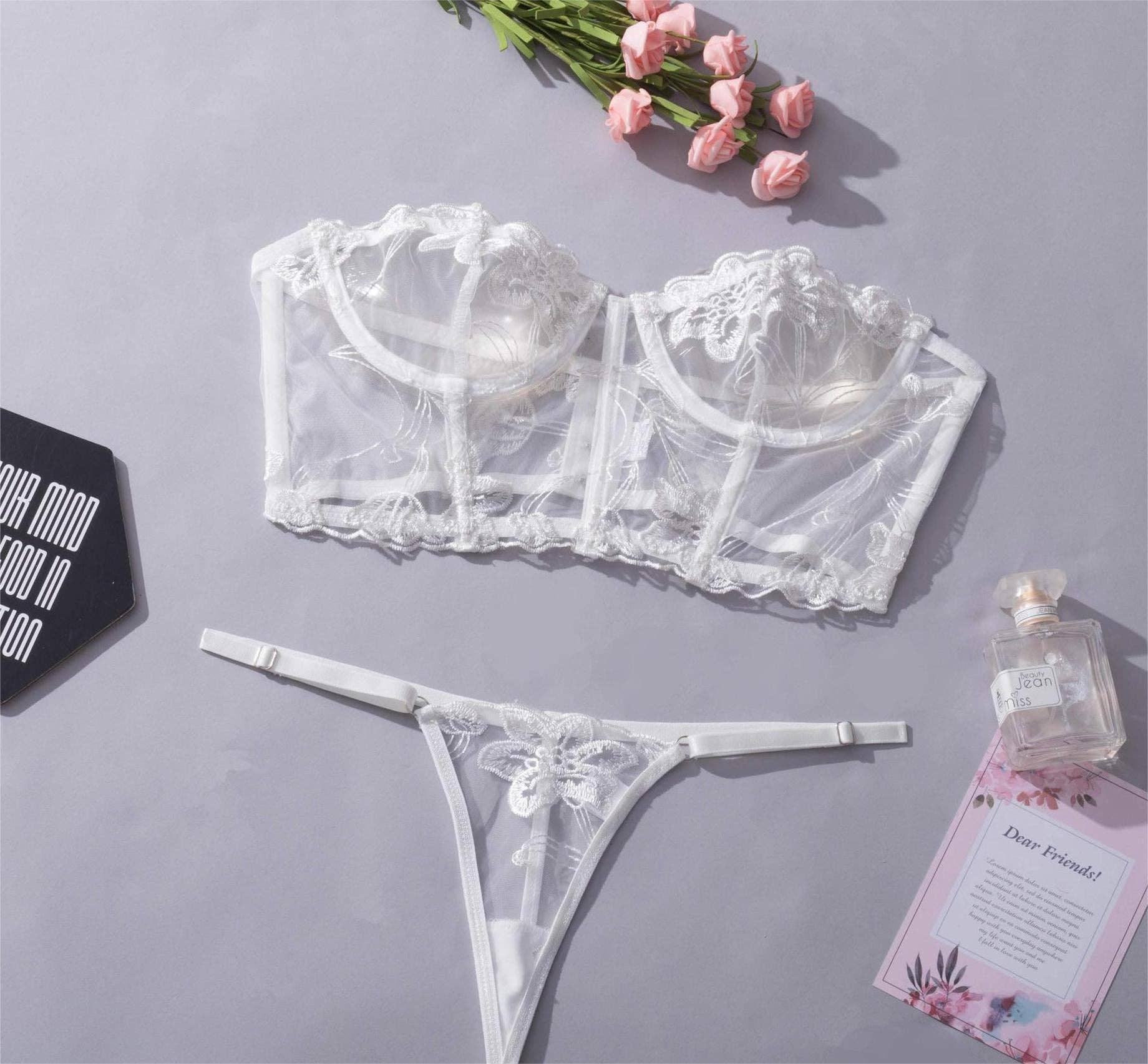 2PCS Embroider Lingerie Set Crop Top and Thong LS1073 - SWEETKAMA