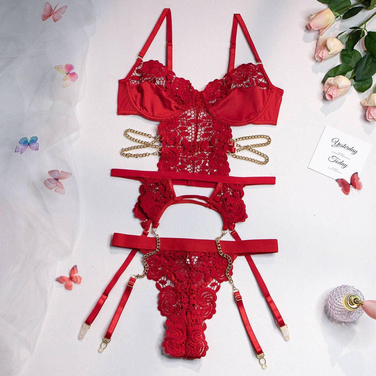 2PCS Lace Sexy Lingerie Set with Garter Belt 2732 - SWEETKAMA