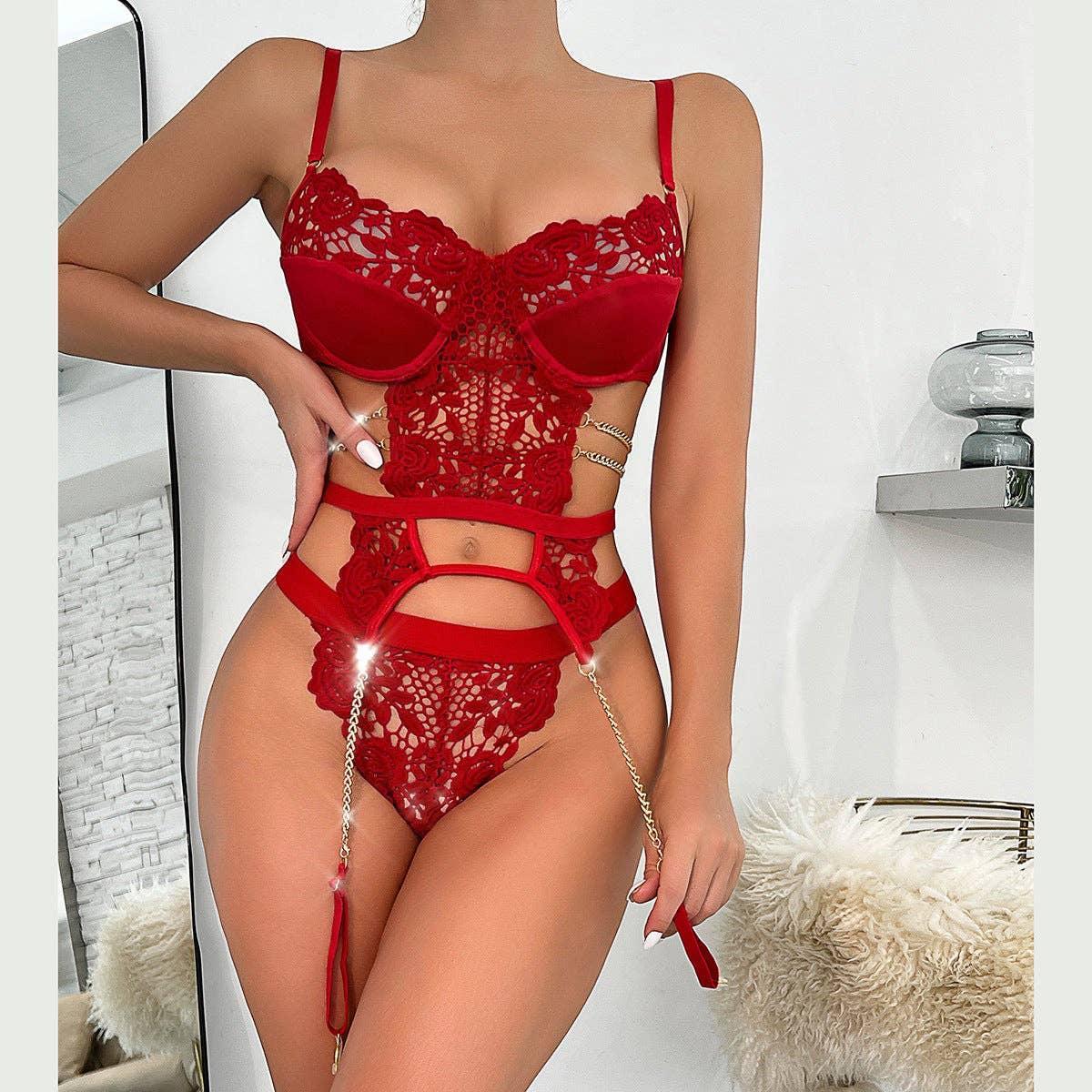 2PCS Lace Sexy Lingerie Set with Garter Belt 2732 - SWEETKAMA