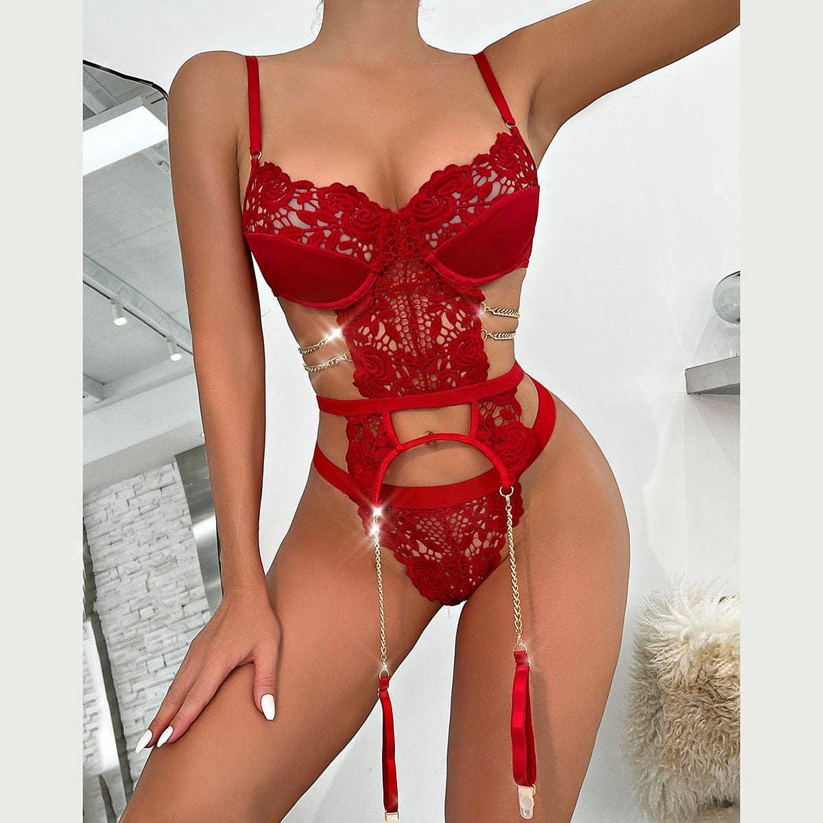 2PCS Lace Sexy Lingerie Set with Garter Belt 2732 - SWEETKAMA