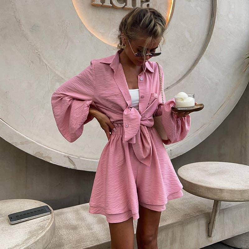 2PCS Solid Color Puff Sleeves Loose Ladies Set HK6095 - SWEETKAMA