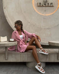 2PCS Solid Color Puff Sleeves Loose Ladies Set HK6095 - SWEETKAMA