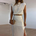 2PCS Solid Sleeveless Top and Skirt Ladies Set HK3065 - SWEETKAMA