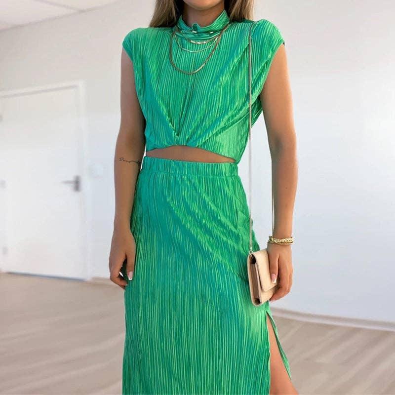 2PCS Solid Sleeveless Top and Skirt Ladies Set HK3065 - SWEETKAMA