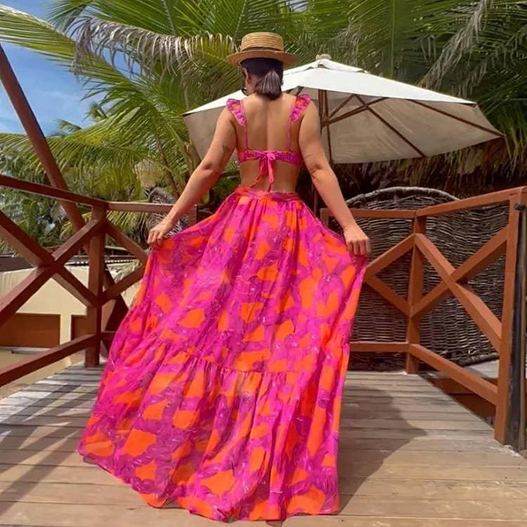 3-Piece Floral Print Bikini Swimsuits with Cover Up 2303 - SWEETKAMA