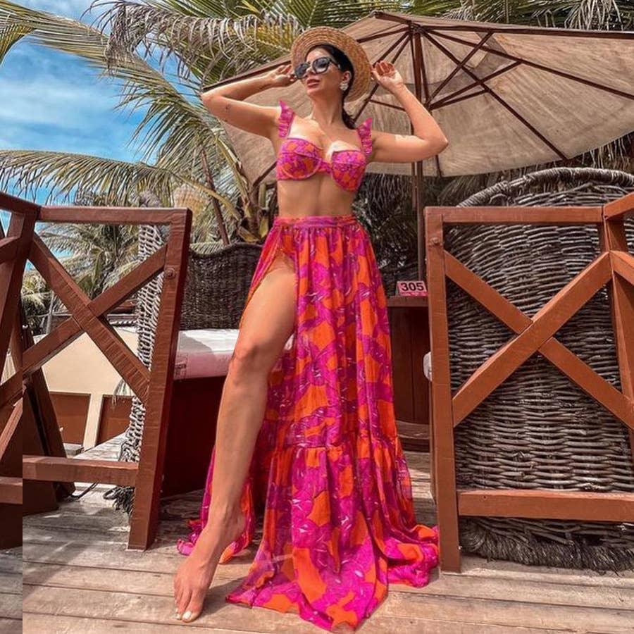 3-Piece Floral Print Bikini Swimsuits with Cover Up 2303 - SWEETKAMA