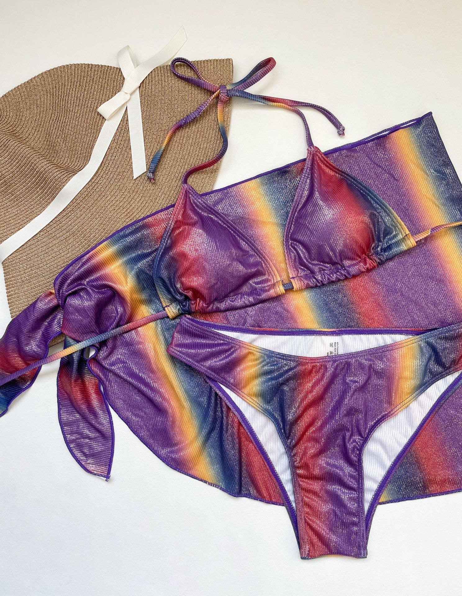 3-Piece Gradient Color Bikini Swimsuits with Cover Up A202 - SWEETKAMA