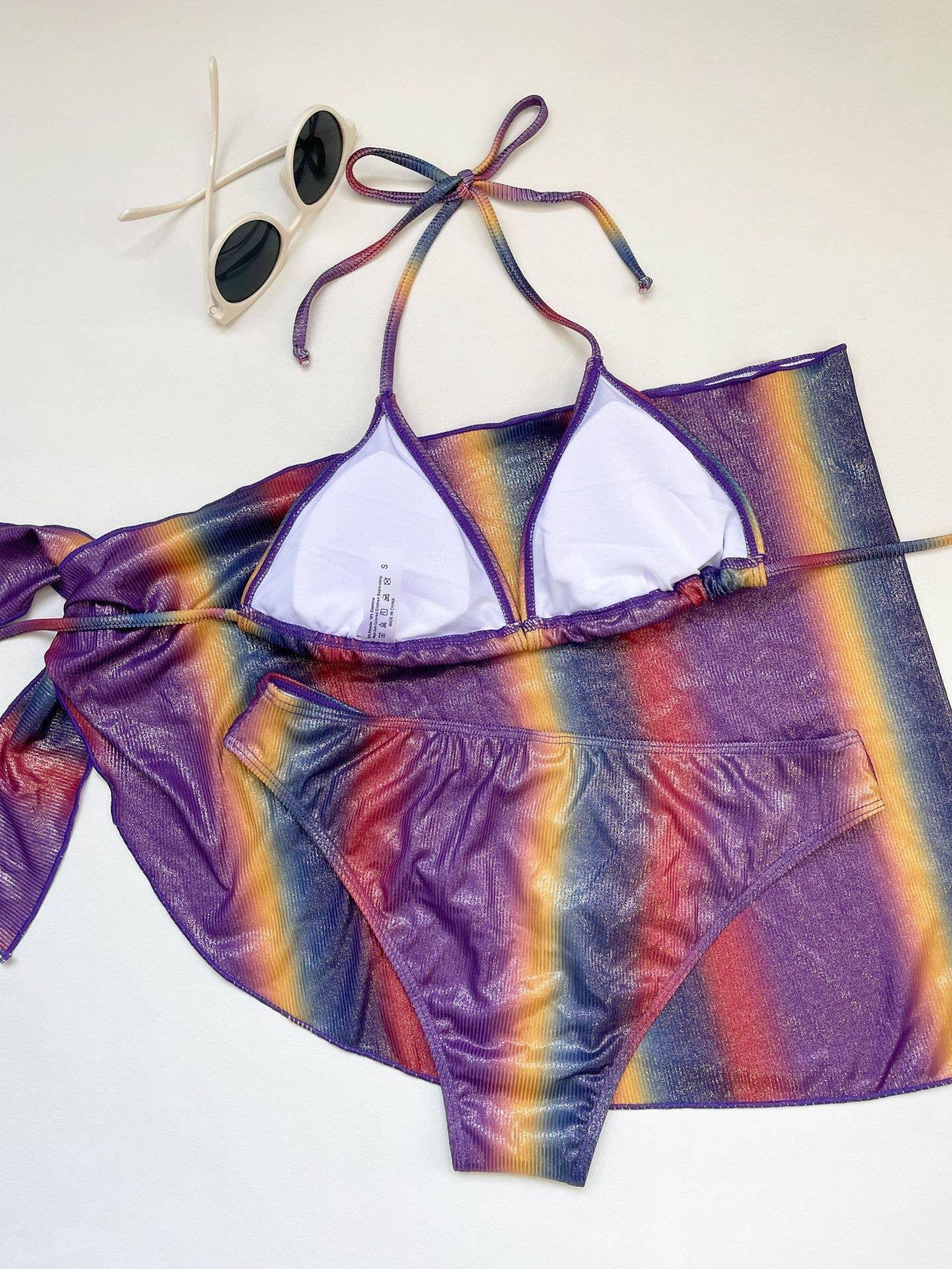 3-Piece Gradient Color Bikini Swimsuits with Cover Up A202 - SWEETKAMA