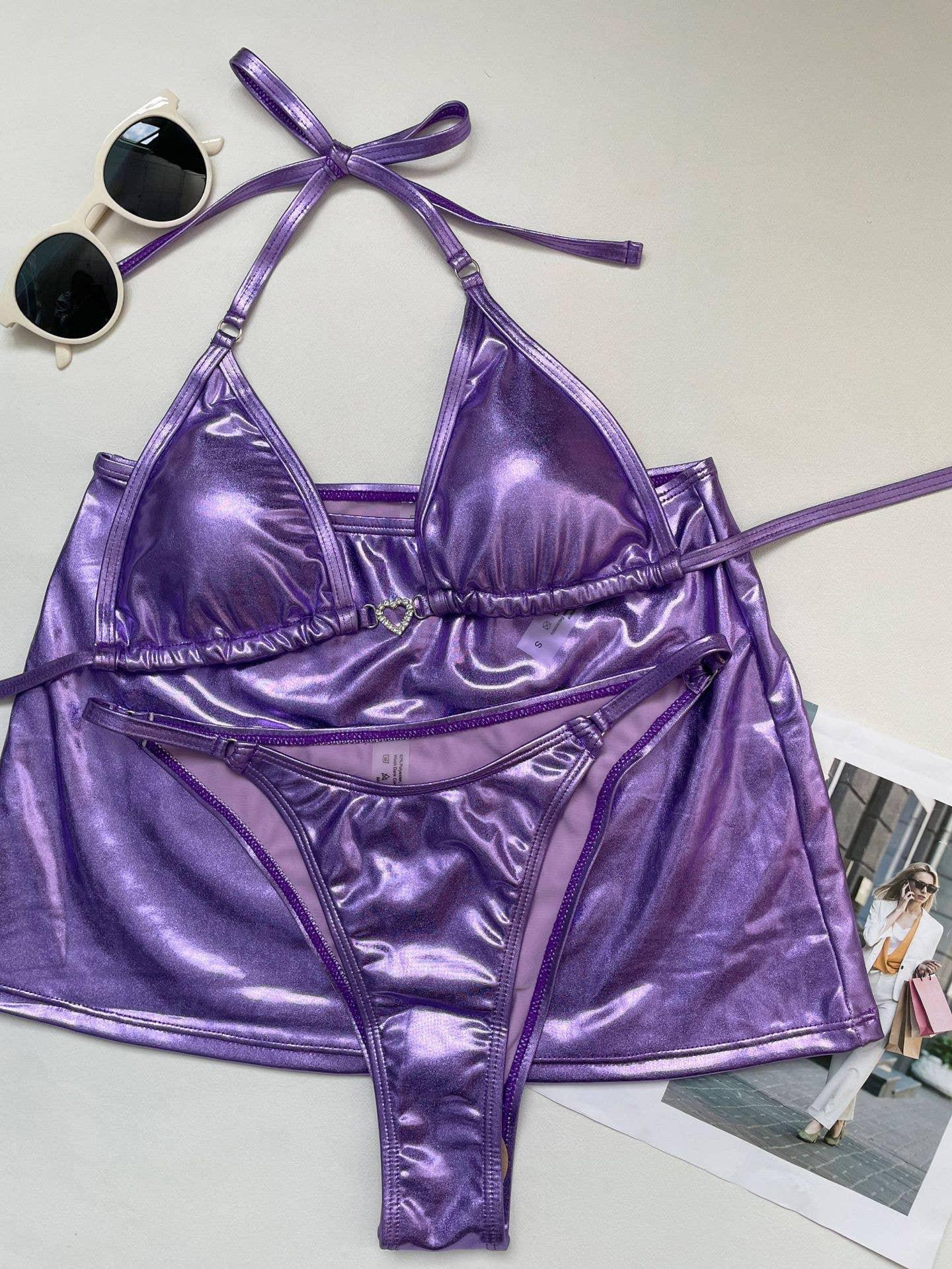 3-Piece Metallic Color Bikini Swimsuits with Cover Up A156 - SWEETKAMA