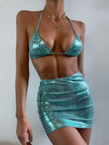 3-Piece Metallic Snake Print Bikini Swimsuits with Cover Up DY3110308 - SWEETKAMA