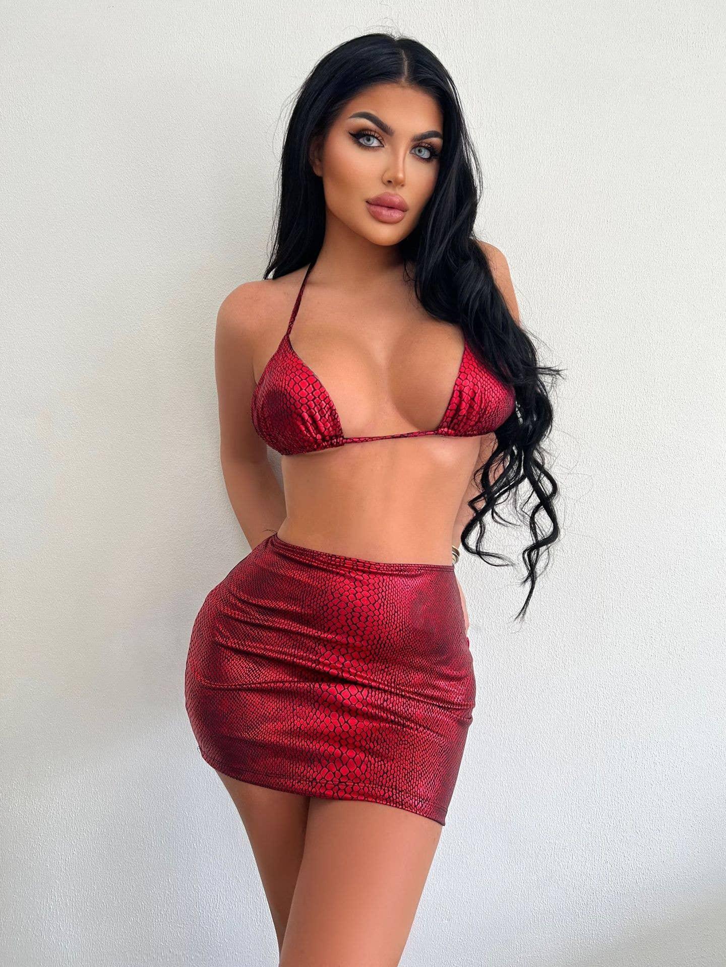 3-Piece Metallic Snake Print Bikini Swimsuits with Cover Up DY3110308 - SWEETKAMA
