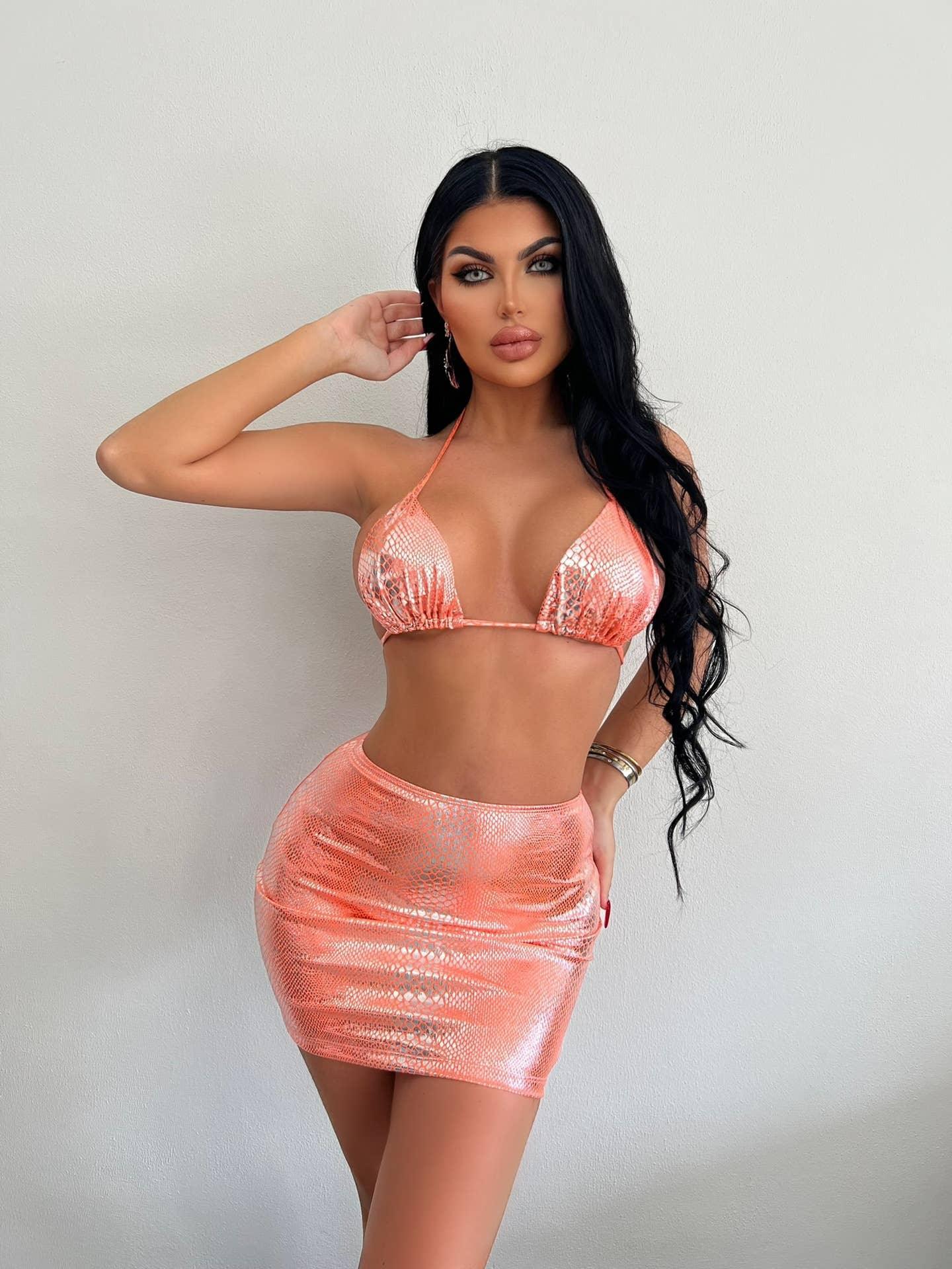 3-Piece Metallic Snake Print Bikini Swimsuits with Cover Up DY3110308 - SWEETKAMA