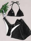 3-Piece Metallic Snake Print Bikini Swimsuits with Cover Up DY3110308 - SWEETKAMA