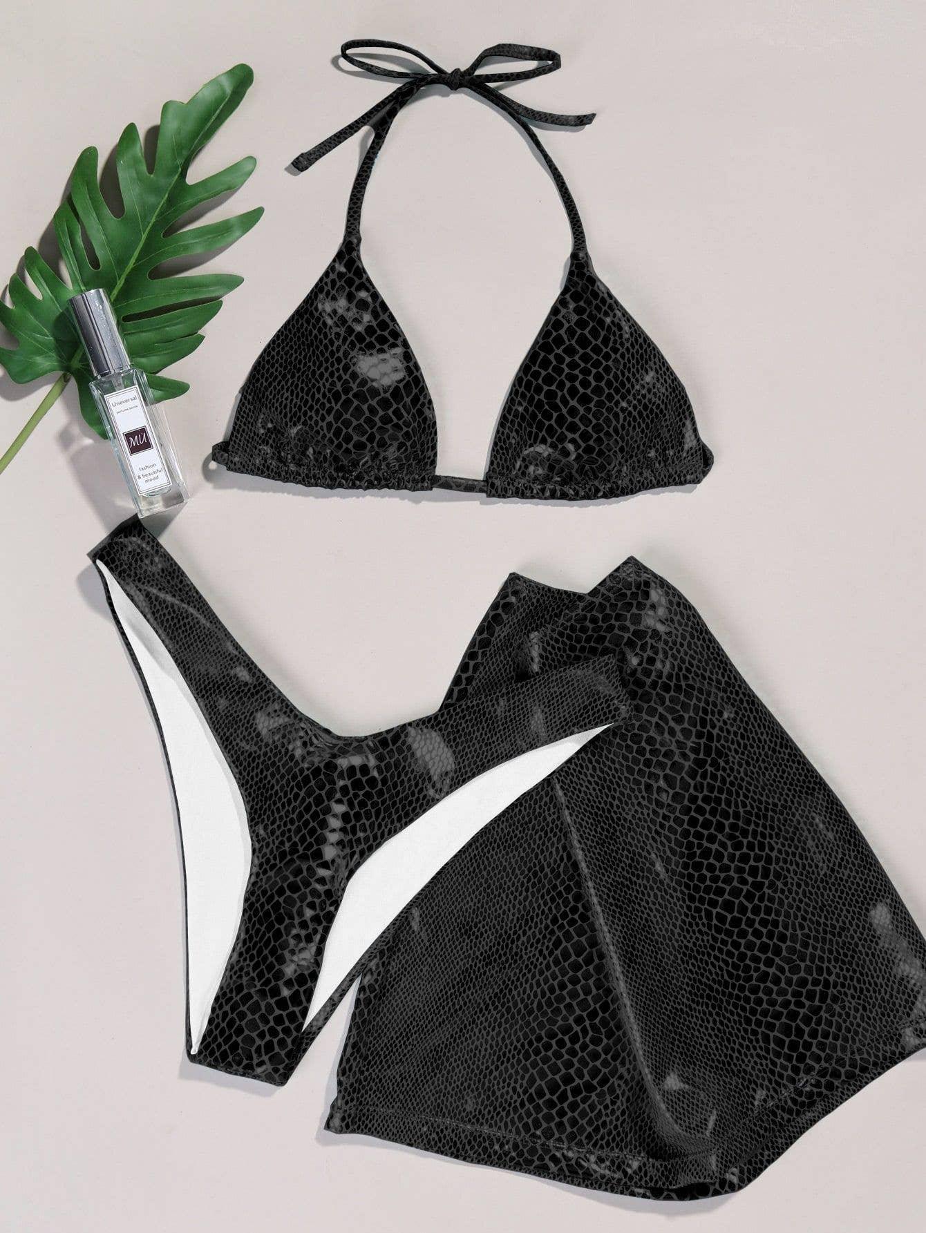 3-Piece Metallic Snake Print Bikini Swimsuits with Cover Up DY3110308 - SWEETKAMA