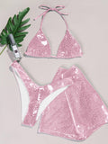 3-Piece Metallic Snake Print Bikini Swimsuits with Cover Up DY3110308 - SWEETKAMA