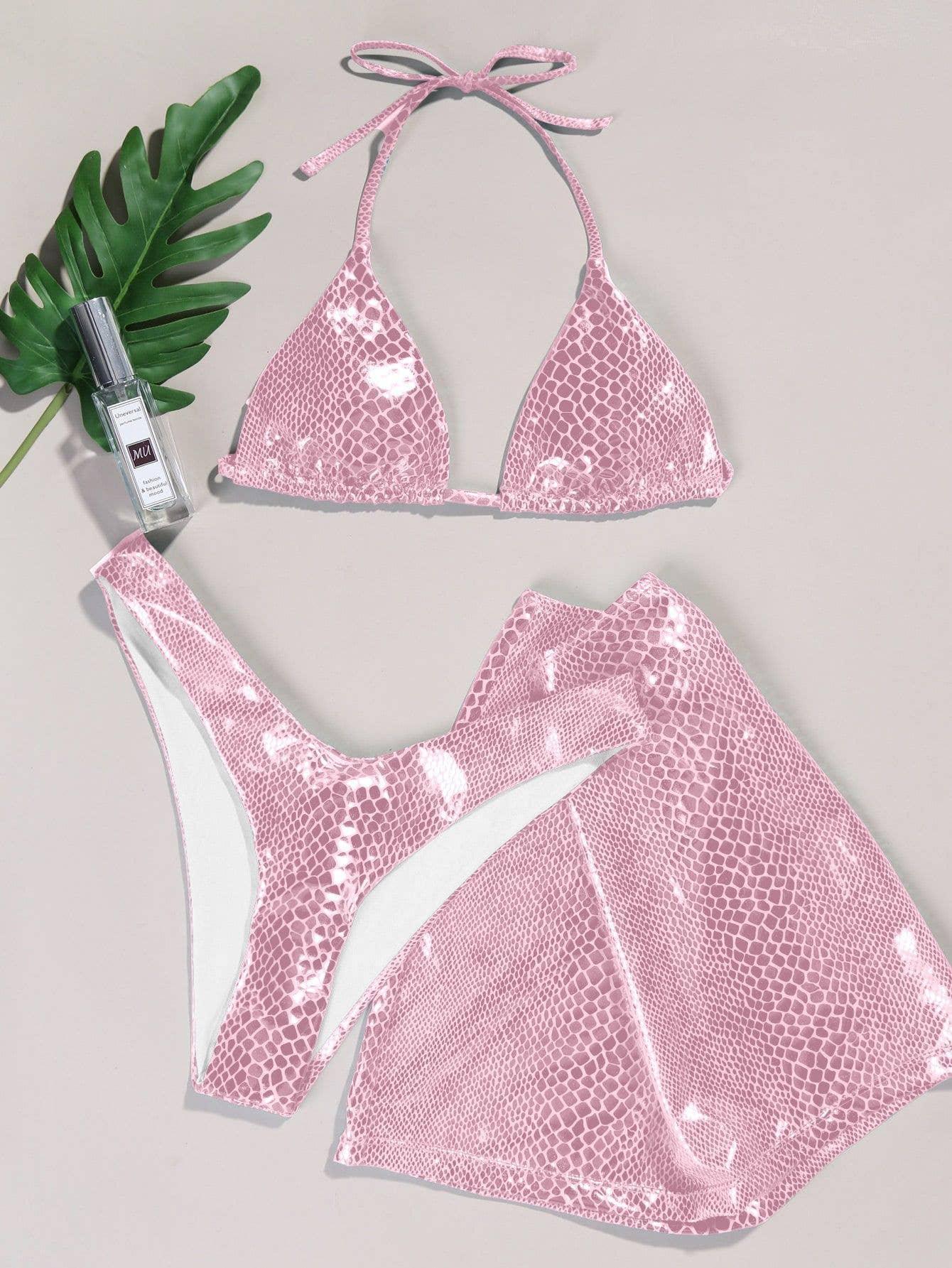 3-Piece Metallic Snake Print Bikini Swimsuits with Cover Up DY3110308 - SWEETKAMA