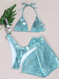 3-Piece Metallic Snake Print Bikini Swimsuits with Cover Up DY3110308 - SWEETKAMA