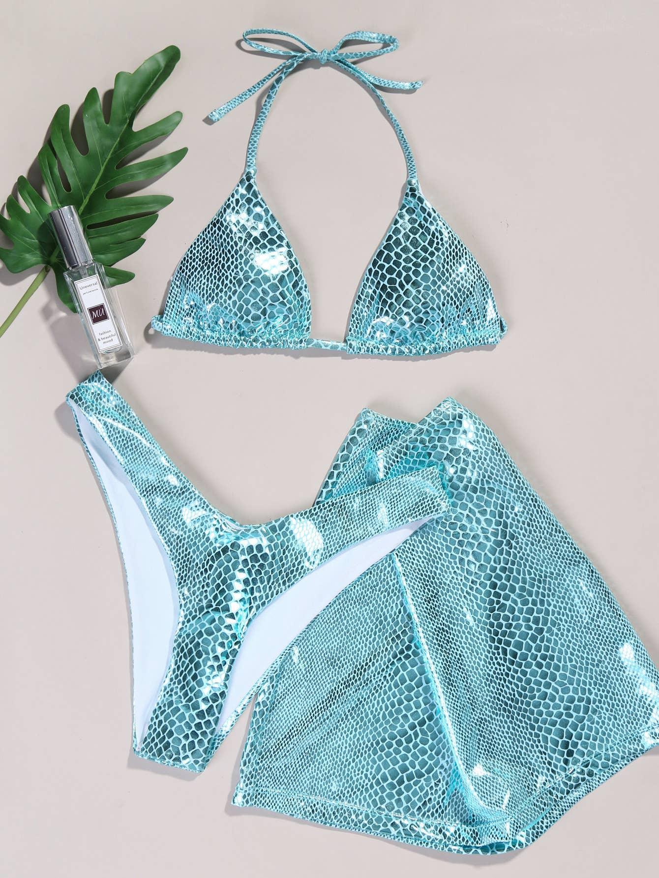 3-Piece Metallic Snake Print Bikini Swimsuits with Cover Up DY3110308 - SWEETKAMA