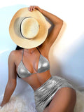 3-Piece Metallic Snake Print Bikini Swimsuits with Cover Up DY3110308 - SWEETKAMA