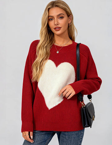Ladies Valentine's Heart Color Block Round Neck Sweater