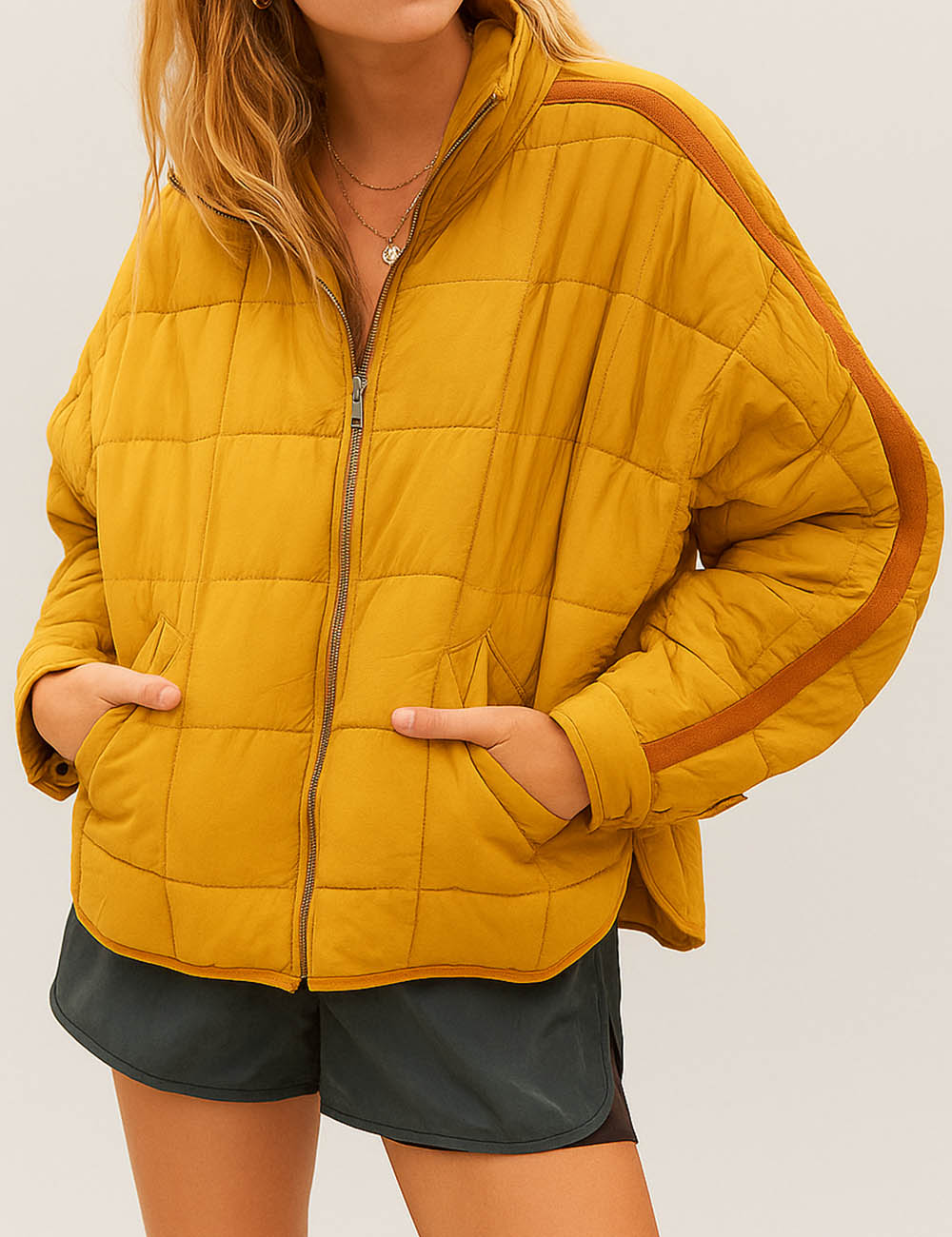 Ladies Stand Collar Zipper Front Quilted Cotton Padded Jacket