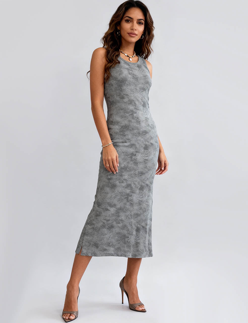 Ladies Print Crew Neck Side Split Back Cutout Tank Midi Dress