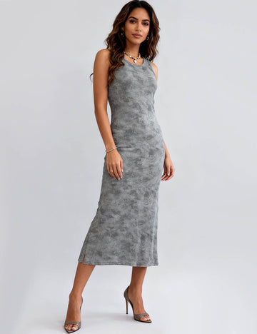 Ladies Print Crew Neck Side Split Back Cutout Tank Midi Dress