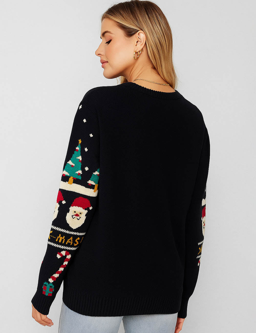 Ladies Holiday Christmas Tree & Snowfake Pattern Pullover Sweater