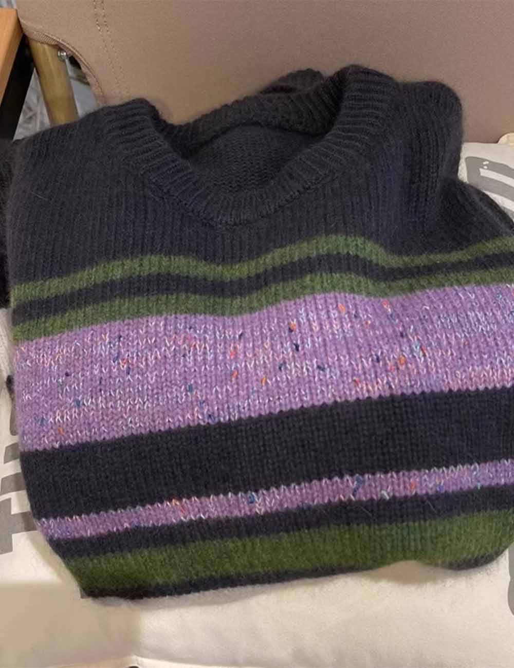 Ladies Round Neck Pullover Multicolor Striped Long Sleeves Sweater