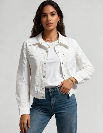 Ladies Shirt Collar Button Long Sleeves Crop Denim Jacket