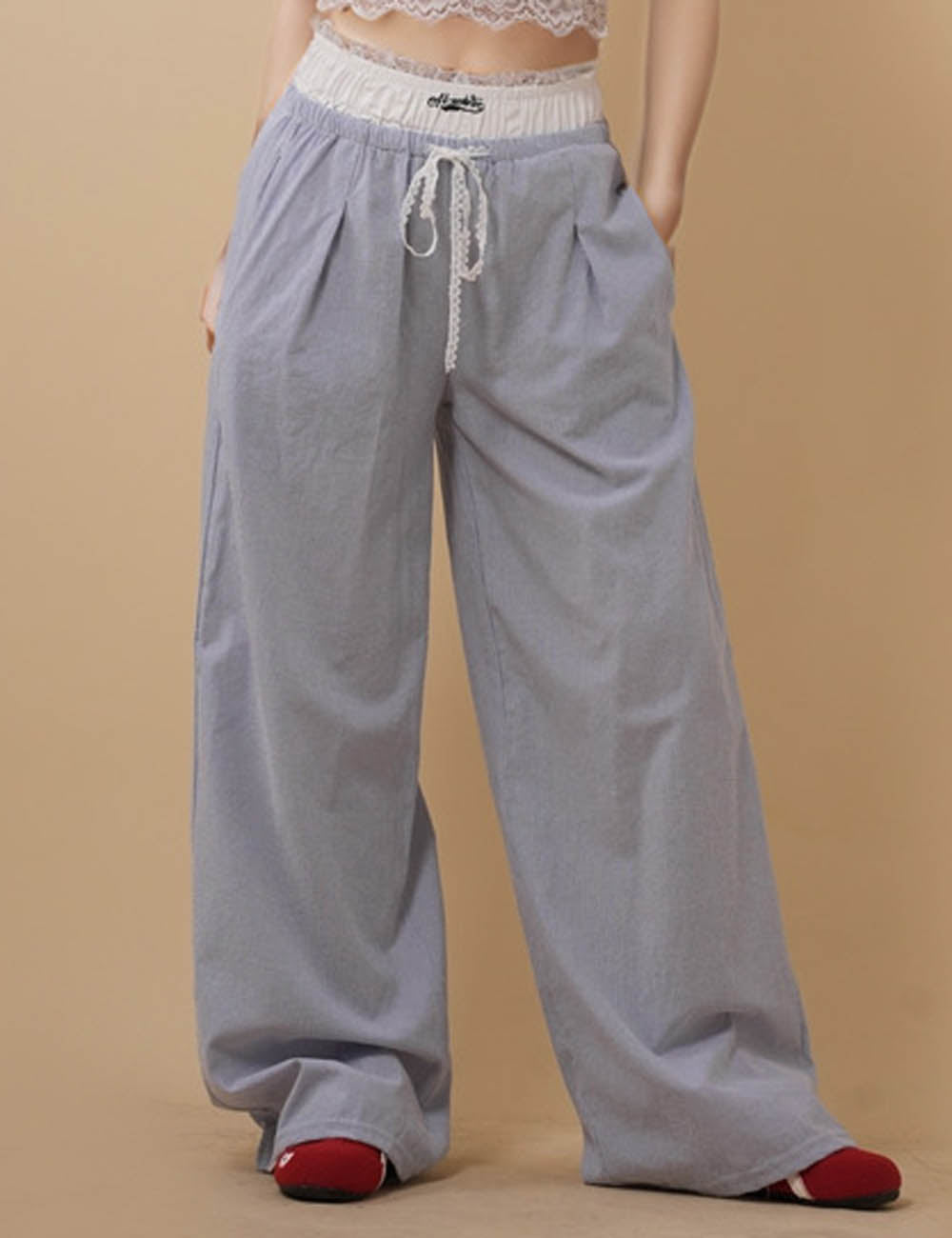 Ladies Elastic Waist Lace Fake 2PC Striped Pants 8SKP51345