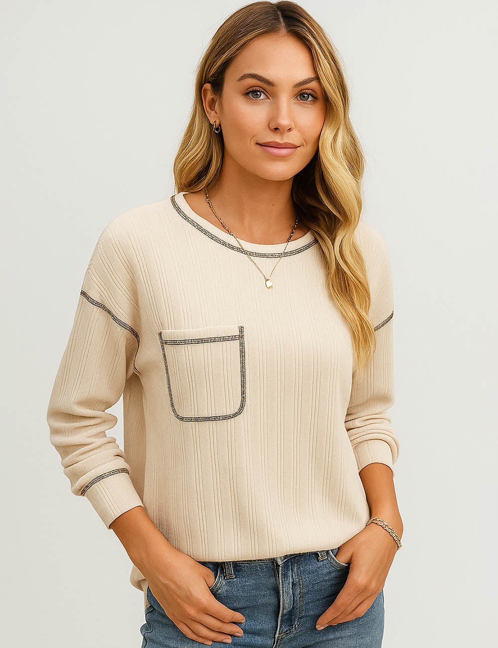 Ladies Contrast Stitch Ribbed Knit  Long Sleeves Top
