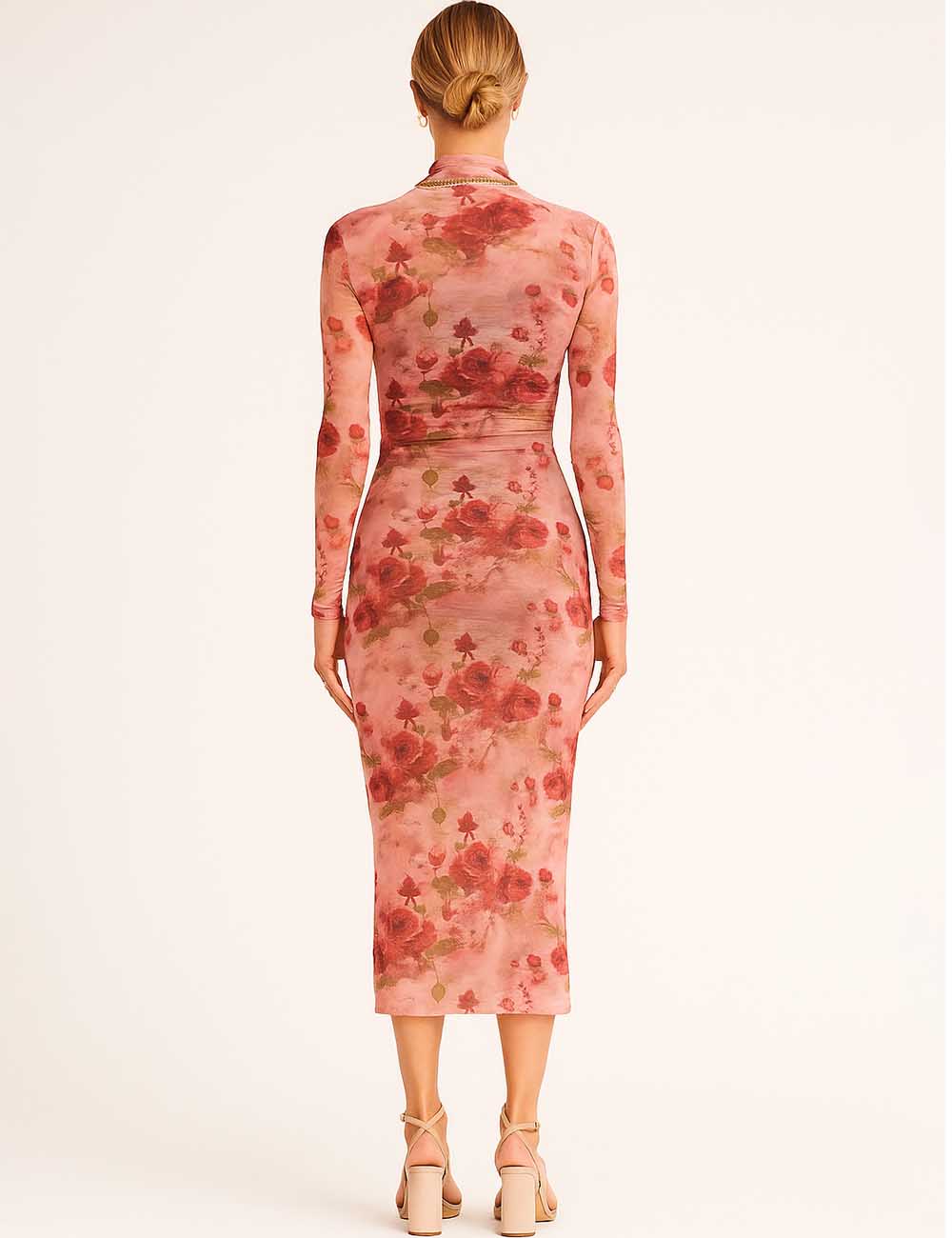 Women Floral Print Turtleneck Bodycon Maxi Dress