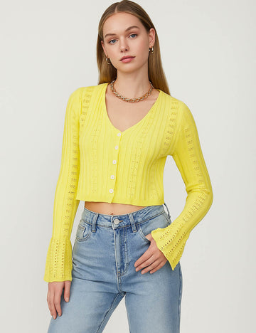 Ladies V-Neck Hollow Out Flared Sleeves Cropped Knit Top
