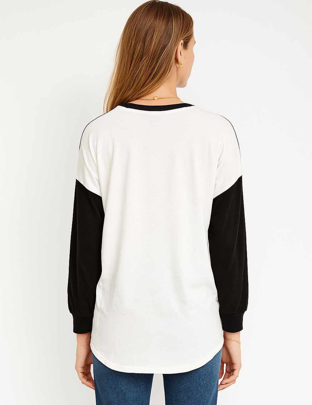 Ladies Color Block Graphic Print Round Neck Long Sleeves T-Shirt